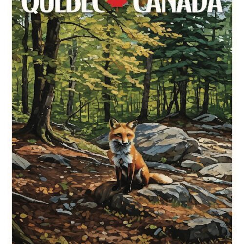 A fox sitting on a rocky forest path in Quebec, Canada.
