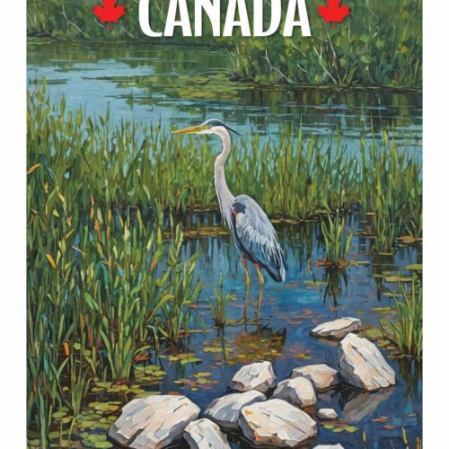 A heron standing in a wetland with rocks in foreground, titled 'Canada'.