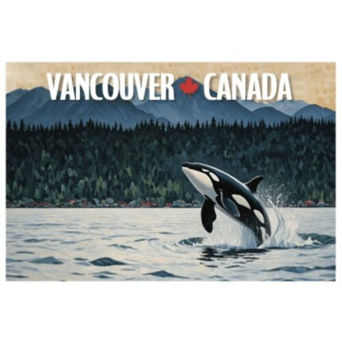 An orca whale breaches in Vancouver, Canada waters.
