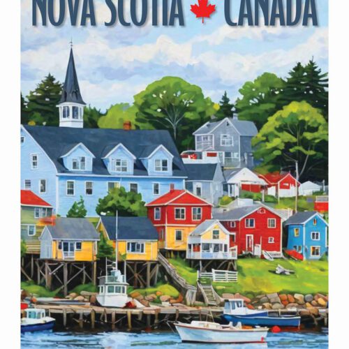 Colorful waterfront houses in Nova Scotia, Canada with boats docked.