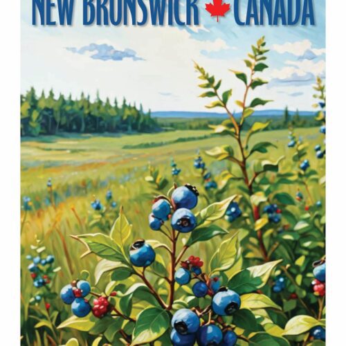 Vintage travel poster featuring blueberries and New Brunswick, Canada.