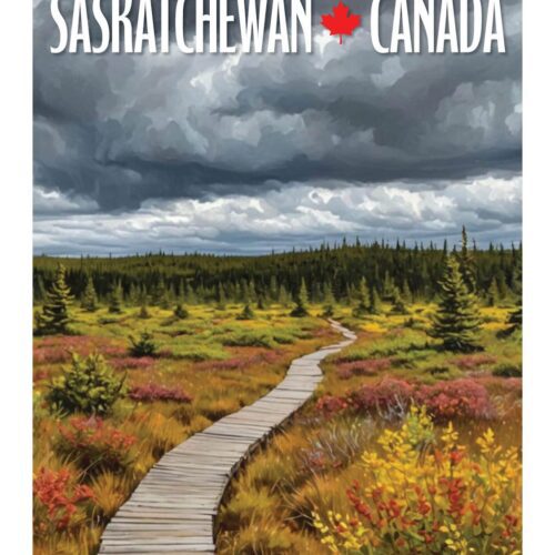 A winding boardwalk through colorful fall foliage under a dramatic cloudy sky in Saskatchewan, Canada.