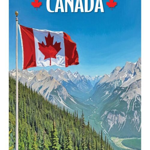 Canadian flags waving over a scenic mountain valley.