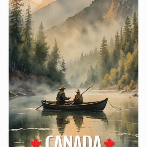 Two people fishing in a boat on a misty Canadian lake surrounded by pine trees and mountains.