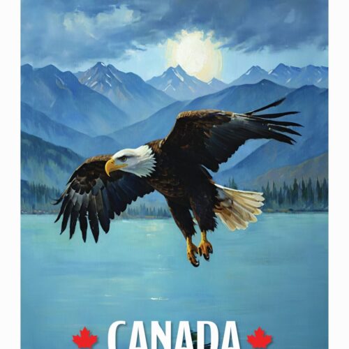 A majestic bald eagle soaring over Canadian mountains.