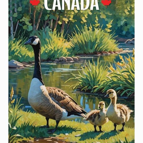 Family of Canadian geese by a pond in a vibrant natural setting.