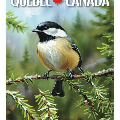 A chickadee perched on a branch in a natural setting, featured on a Quebec Canada stamp.