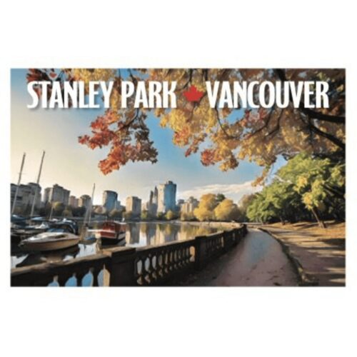 Scenic view of Stanley Park in Vancouver with autumn leaves and city skyline.