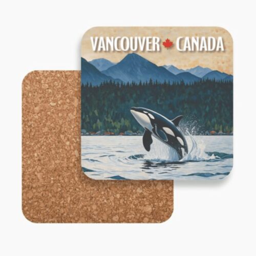A coaster featuring an orca whale jumping in front of mountains in Vancouver, Canada.