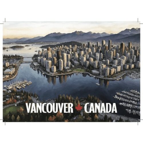 Aerial view of Vancouver cityscape with mountains and water.