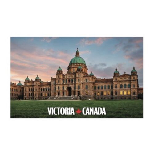 The British Columbia Parliament Buildings in Victoria, Canada at sunset.