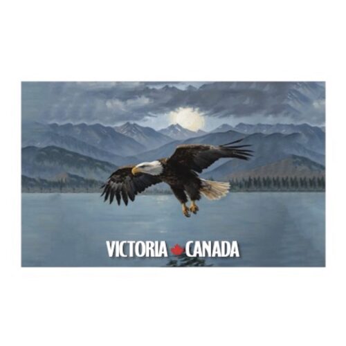 Bald eagle soaring over Victoria, Canada with mountains and lake in background.