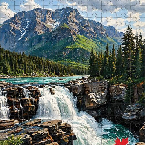 Waterfall cascading in a mountainous forest landscape.