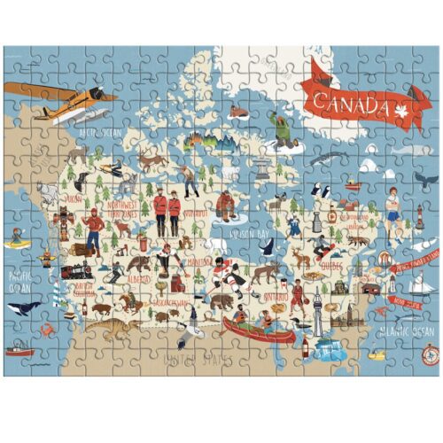 Illustrated puzzle map of Canada with landmarks and animals.