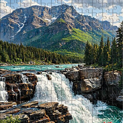 Waterfall flowing through rocky terrain with mountains in the background.