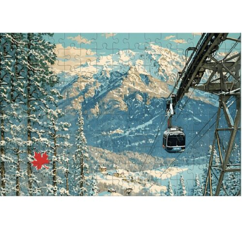 Cable car ascending snowy mountain with pine trees and distant peaks.