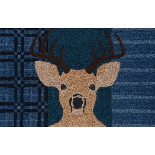 Artistic deer portrait with dark blue plaid background.