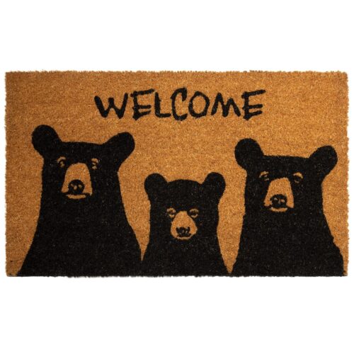 Welcome mat with three black bears illustration.