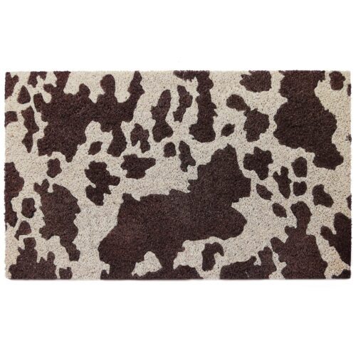 A rectangular rug with a brown and beige cowhide pattern.