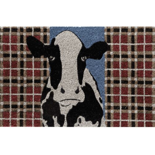 A cow illustration on a plaid background.