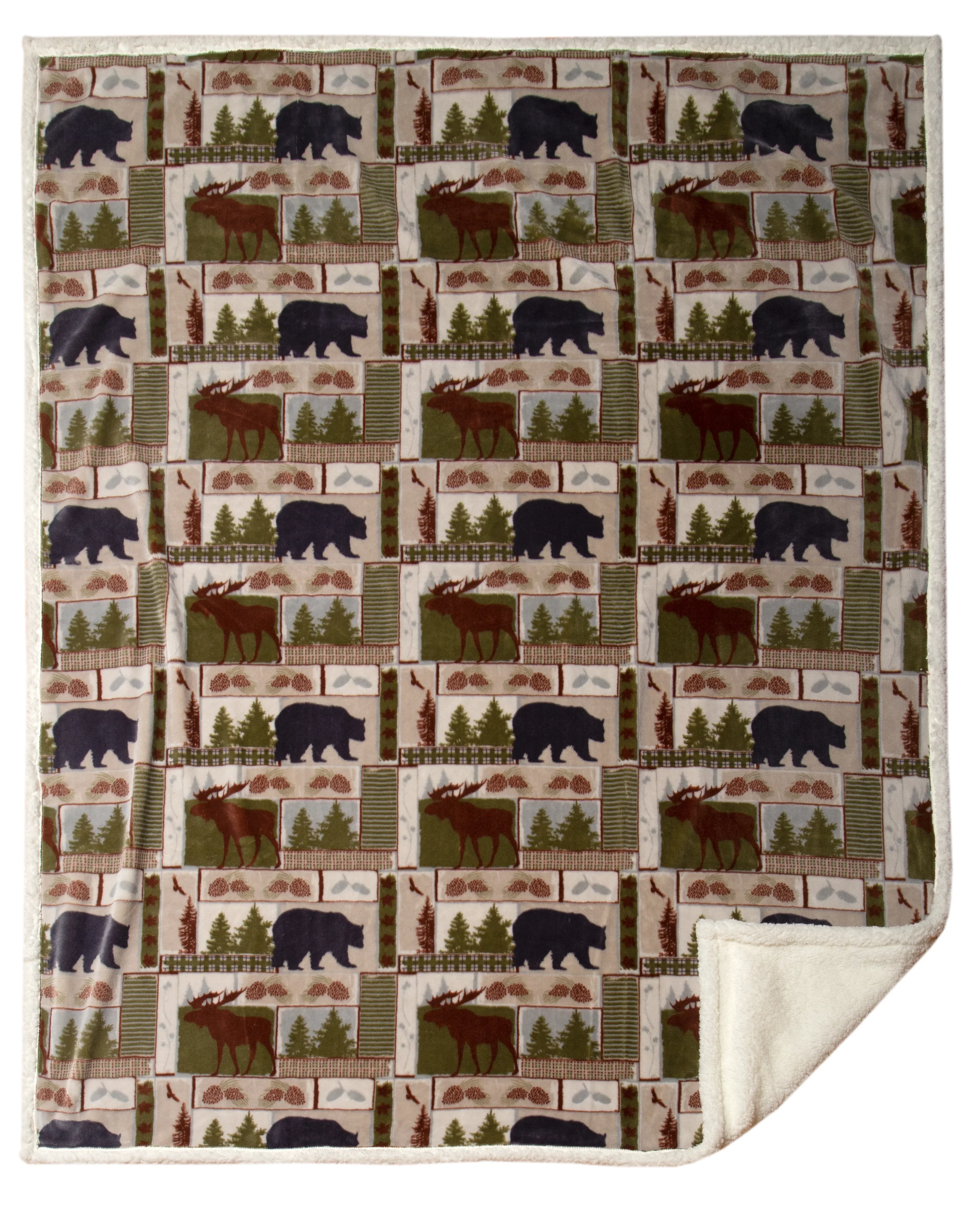 A patterned blanket with bear and tree designs.