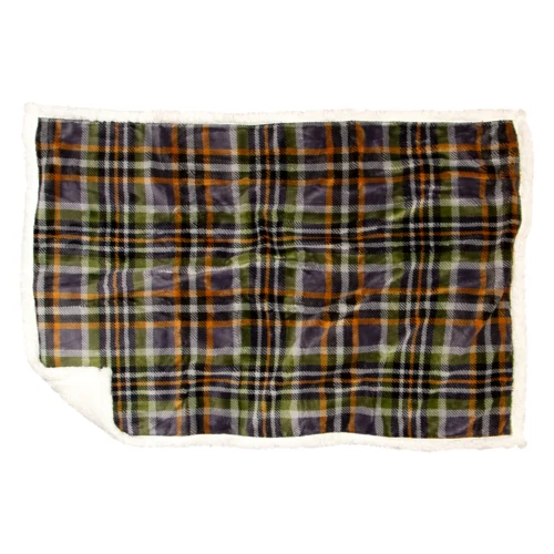 A plaid patterned blanket with earthy tones.