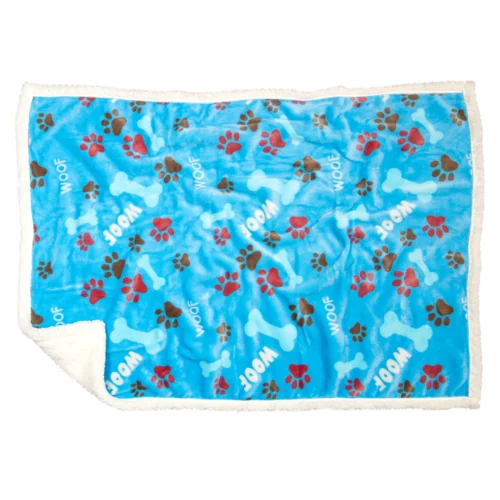 Blue blanket with floral patterns and white edging.