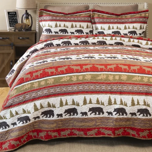 Cozy bedding with bear and moose patterns in warm earthy tones.