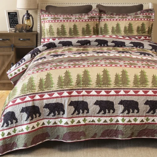 Cozy bed with forest and bear-themed bedding in warm tones.
