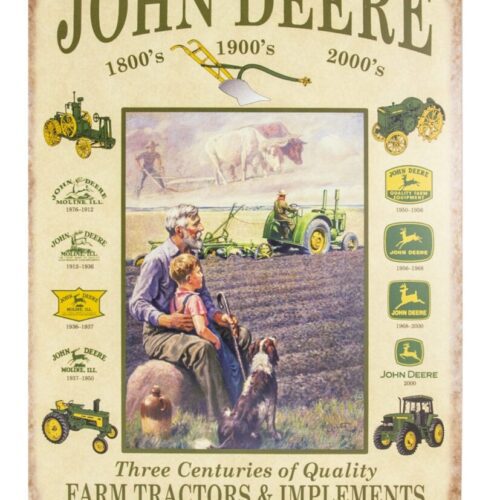 Vintage John Deere poster showcasing farming heritage and tractors.