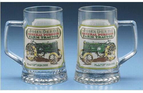 Two glass tumblers featuring vintage John Deere tractor designs.
