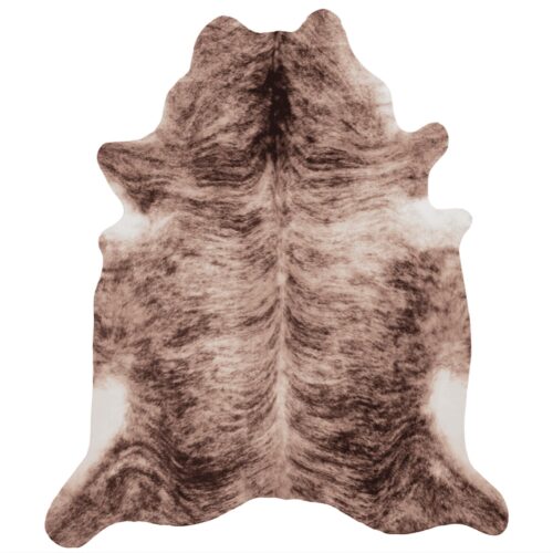 Brown and white cowhide rug with natural, irregular shape.