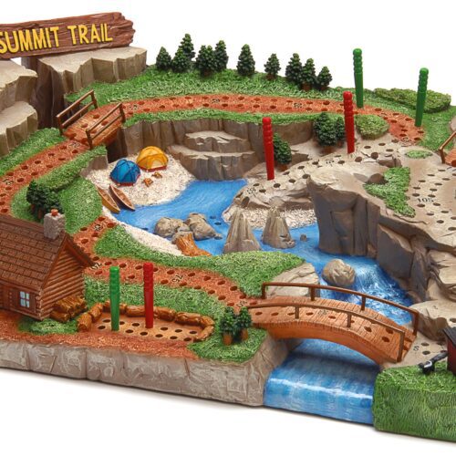 Children's wooden adventure playset with bridges, water, and animals.