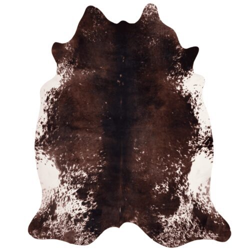Brown and white cowhide rug with natural patterns.