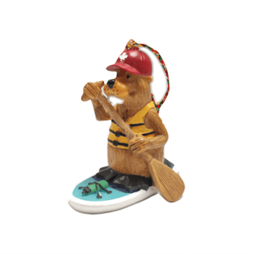 Bear ornament paddleboarding with paddle and helmet